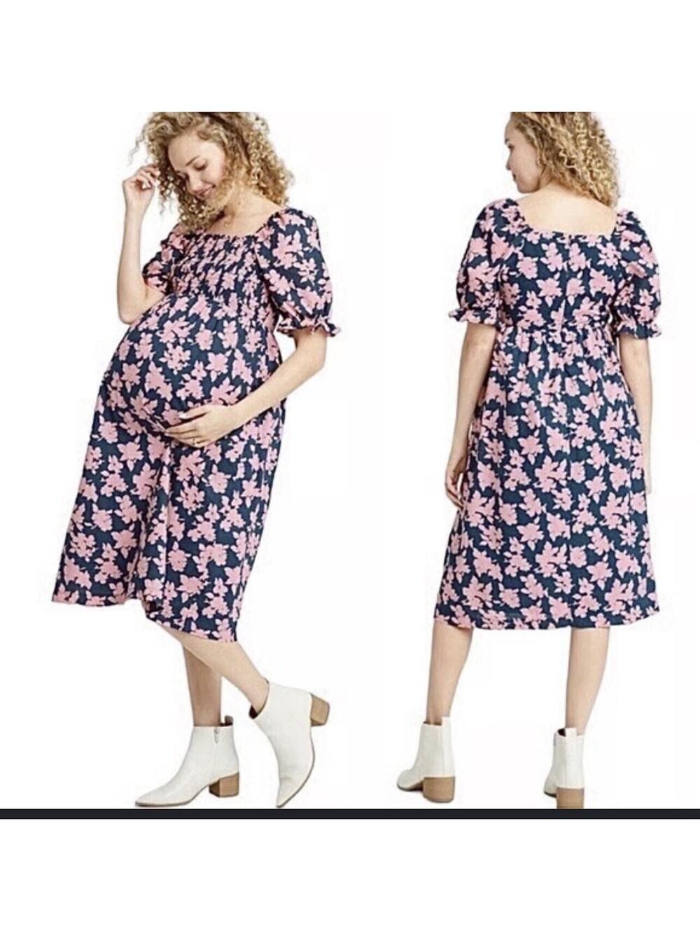 The Nines By Hatch Floral Maternity Midi Dress M Pink Blue 100% Cotton Vacation